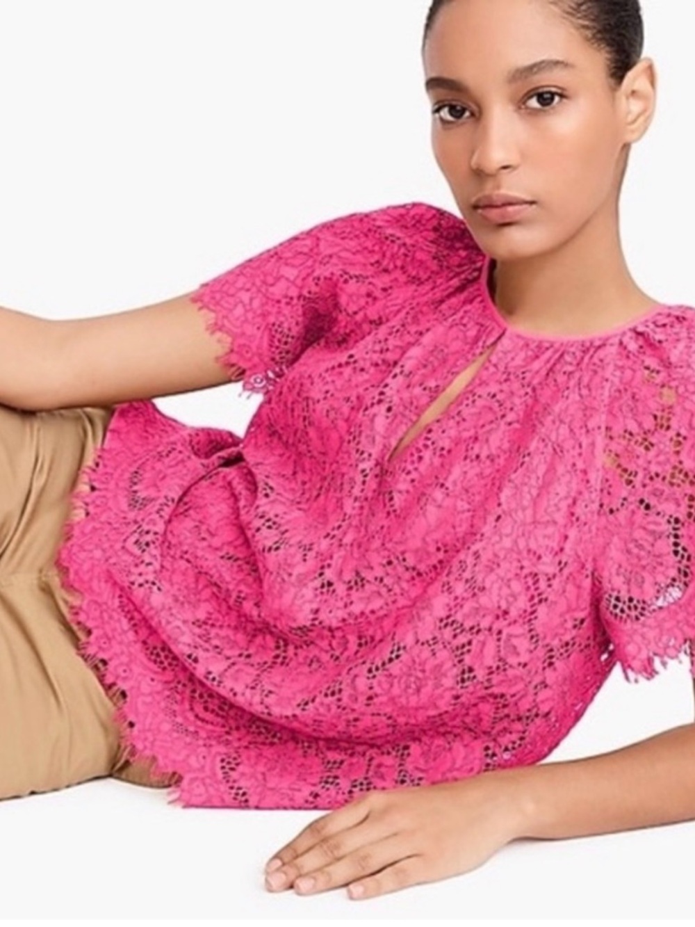 J. Crew Woman’s Short Sleeve Lace Top in Fushia Pink, Size 2x, NWT